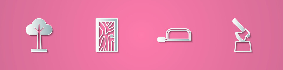 Set paper cut Tree, Closed door, Hacksaw and Wooden axe in stump icon. Paper art style. Vector