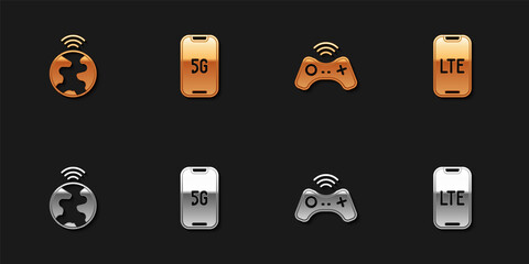 Set Global technology, Mobile with 5G, Wireless gamepad and LTE network icon. Vector