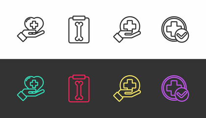 Set line Heart with a cross, X-ray shots, Cross hospital medical and on black and white. Vector