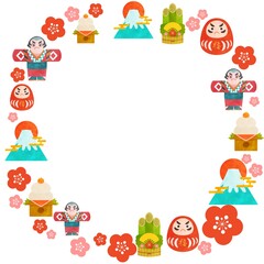 門松 達磨 凧 富士山 鏡餅のフレーム イラスト素材
