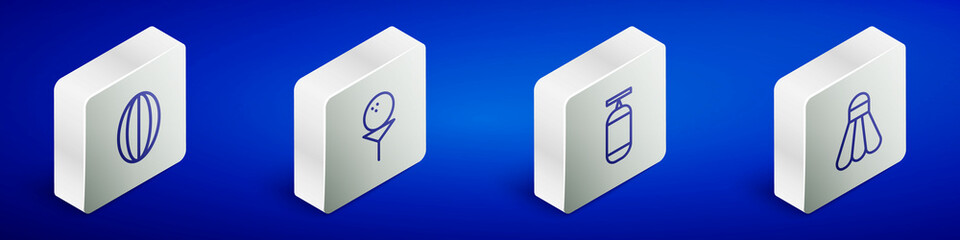 Set Isometric line Rugby ball, Golf on tee, Punching bag and Badminton shuttlecock icon. Vector