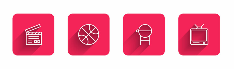 Set line Movie clapper, Basketball ball, Barbecue grill and Retro tv with long shadow. Red square button. Vector
