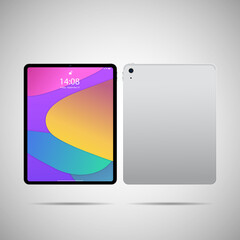 Realistic tablet PC. Vector illustration in trendy thin frame design with front and back side view.