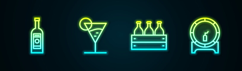 Set line Glass bottle of vodka, Martini glass, Bottles wine wooden box and Wooden barrel on rack. Glowing neon icon. Vector