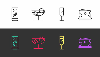 Set line Effervescent tablets in water, Cocktail, Glass of champagne and Cheese on black and white. Vector