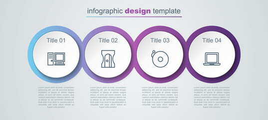 Set line Computer monitor, Pencil sharpener, Ringing alarm bell and Laptop. Business infographic template. Vector