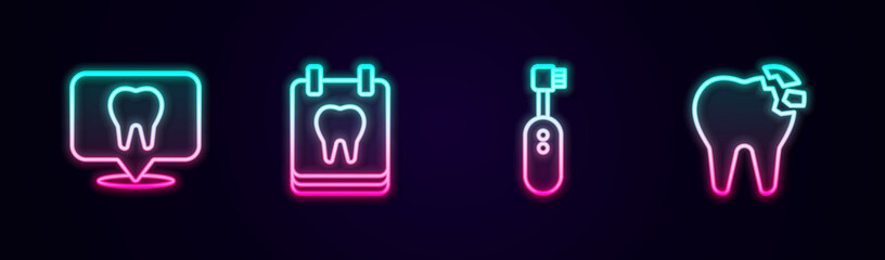 Set line Dental clinic location, Calendar with tooth, Electric toothbrush and Broken. Glowing neon icon. Vector