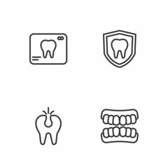 Set line Dentures model, Broken tooth, X-ray of and Dental protection icon. Vector