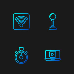 Set line Online play video, Stopwatch, Wi-Fi wireless internet network and Joystick for arcade machine. Gradient color icons. Vector