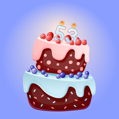 Fifty three years birthday cake with candles number 53. Cute cartoon festive vector image. Chocolate biscuit with berries, cherries and blueberries. Happy Birthday illustration for parties