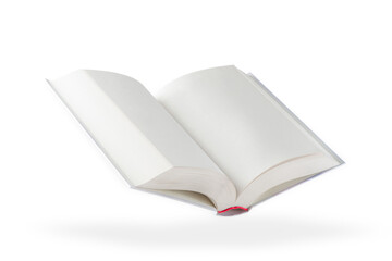 White open book. A blank white book floats in the air, casting a shadow over an isolated white background. Blank pages of a book.