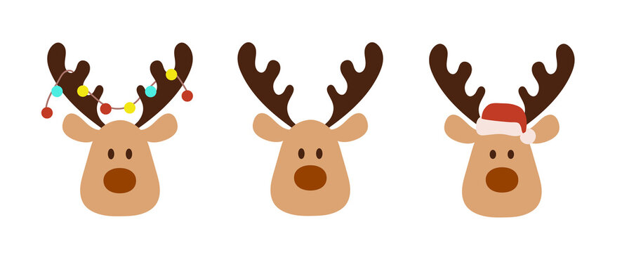 Set of cute reindeer head isolated on white background. Funny Simple flat vector illustration christmas reindeer in hat and garland with light bulbs