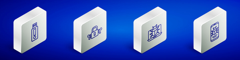 Set Isometric line USB flash drive, Cyber security, System bug on monitor and mobile icon. Vector