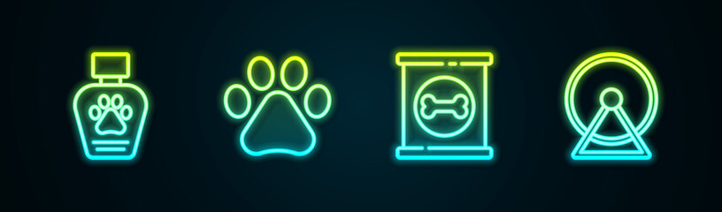 Set line Pet shampoo, Paw print, Canned food and Hamster wheel. Glowing neon icon. Vector