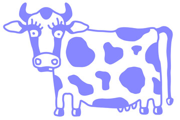 Cute cow caricature, side view. Cartoon style, blue outline simple sketch. Vector isolated on white background
