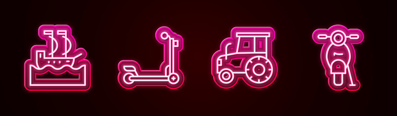 Set line Sailboat, Scooter, Tractor and . Glowing neon icon. Vector