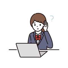 パソコンの前で聞こえづらくて困っている難聴の制服の女子学生