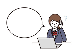 パソコンの前で聞こえづらくて聞き返す難聴の制服の女子学生 吹き出し