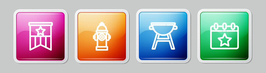 Set line American flag, Fire hydrant, Barbecue grill and Calendar with date July 4. Colorful square button. Vector