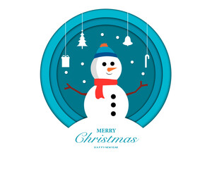 Merry Christmas Happy New Year With Snowman In Paper Style