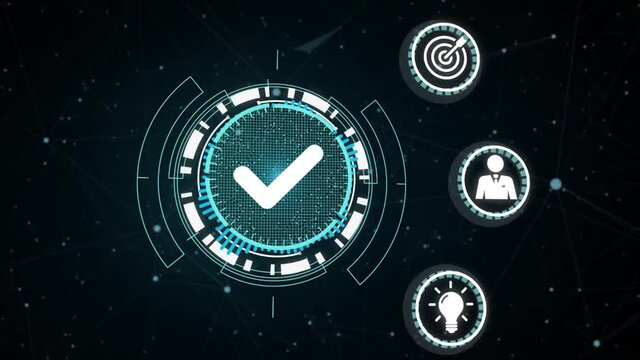 Internet, business, Technology and network concept. Standard quality control. Certification. Young businessman select the icon on the virtual display. virtual button.