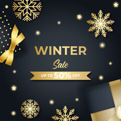 Fototapeta na wymiar Winter poster with golden Christmas snowflakes and stars. Winter big sale poster. Winter background. Winter Christmas sale social media template design background. Vector illustration