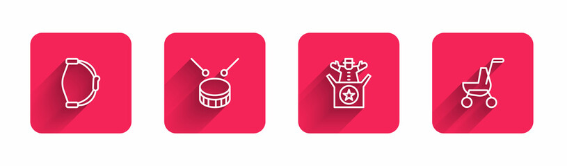 Set line Bow toy, Drum with drum sticks, Jack in the box and Baby stroller with long shadow. Red square button. Vector
