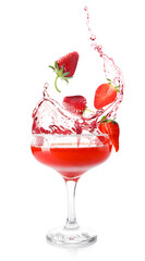 Glass of strawberry daiquiri cocktail on white background