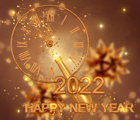 Obraz na płótnie Canvas 2022 new year new year festive background, golden volumetric figures, elegant deer, clock, snowflakes, gift boxes with bow, decorations, champagne bottle 3d rendering