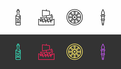 Set line Bottle of wine, Greek trireme, Old wooden wheel and Torch flame on black and white. Vector