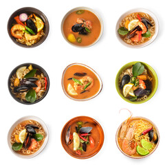Collection of spicy Thai soups on white background