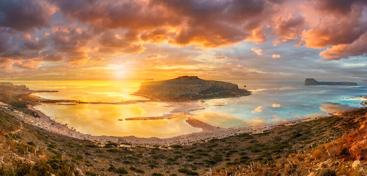 Landscape with Balos Lagoon beach and Gramvousa island at sunset on Crete, Greece