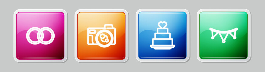 Set line Wedding rings, Photo camera, cake with heart and Carnival garland flags. Colorful square button. Vector