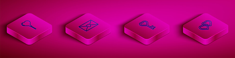 Set Isometric line Balloons in form of heart, Envelope with Valentine, Key shape and Two Linked Hearts icon. Vector