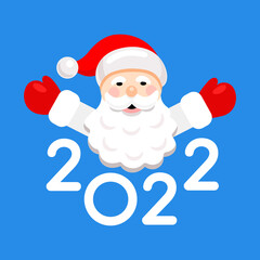 Cheerful Santa Claus with the inscription 2022. New year theme. Flat vector illustration on blue background