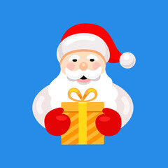 Santa Claus with a gift box. Flat vector illustration on blue background