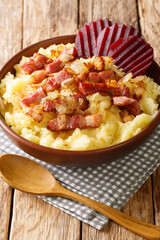 Braendende Kaerlighed or Burning love is an old danish dish with mashed potatoes, crisp bacon bits and soft fried onions close-up in a bowl on the table. Horizontal