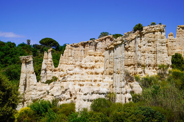 Fototapeta na wymiar Ille sur tet Les Orgues in languedoc france with natural stone limestone chimneys stone formation in french south