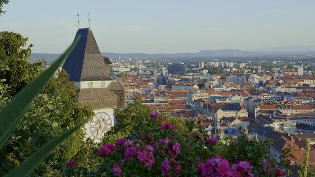 Graz, city in Styria, Austria. Look down from the Schlossberg past the clocktower.