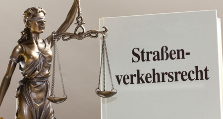 Symbolbild: Fachbuch Verkehrsrecht und eine Justitia