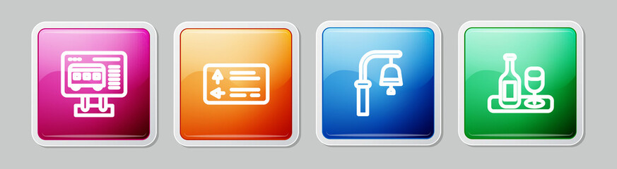 Set line Ticket office to buy tickets, Road traffic signpost, Train station bell and Wine bottle with glass. Colorful square button. Vector