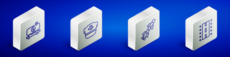 Set Isometric line Fuel tanker truck, Pilot hat, Rocket and Airport runway icon. Vector