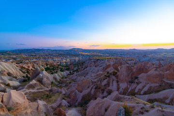 Kizilcukur Valley and Goreme on the background in Cappadocia at Dusk