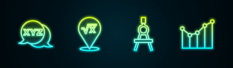 Set line XYZ Coordinate system, Square root of x glyph, Drawing compass and Graph, schedule, chart, diagram. Glowing neon icon. Vector