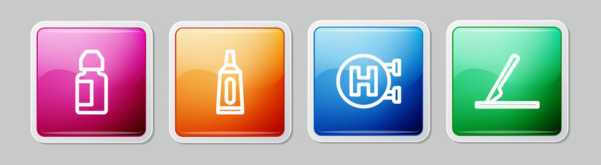 Set line Eye drop bottle, Ointment cream tube medicine, Hospital signboard and Medical surgery scalpel. Colorful square button. Vector