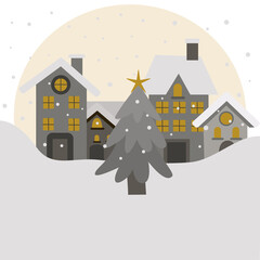 Fototapeta na wymiar Winter simple landscape. Snowy christmas panorama with cute city buildings, falling snow and christmas tree. Vector illustration.