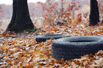 garbage from a heap of black old car tires among the trees in nature. environmental pollution....