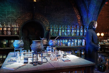 Fototapeta premium Interior design and decoration at Snape's potion classroon at the warner bros studio tour London- The making of Harry Potter, United Kingdom