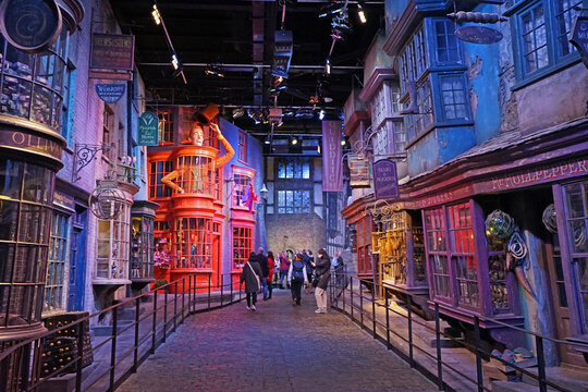 Exterior architecture and design of Diagon Alley display at the warner bros studio tour London- The making of Harry Potter, United Kingdom