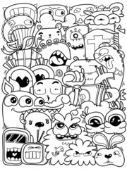 Hand- drawm illustrations, monsters doodle, Cartoon crownd doodle handdrawn pattern, Doodle style.